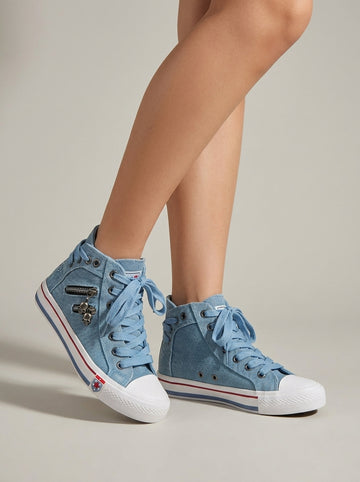 Women's Denim High-Top Sneakers - Cap Toe Lace-Up