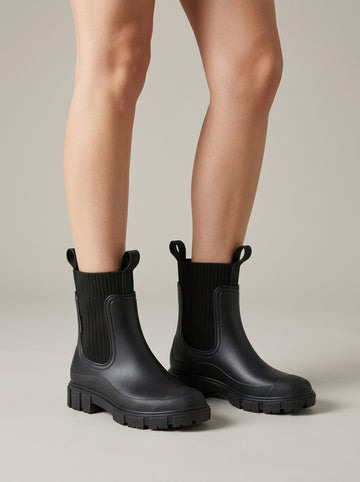 Women's Rain Boots - Round Toe Knit Panel Pull-On