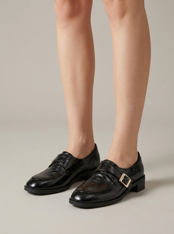 Women's Loafers - Low Block Heel - Buckle Strap - Glossy Finish