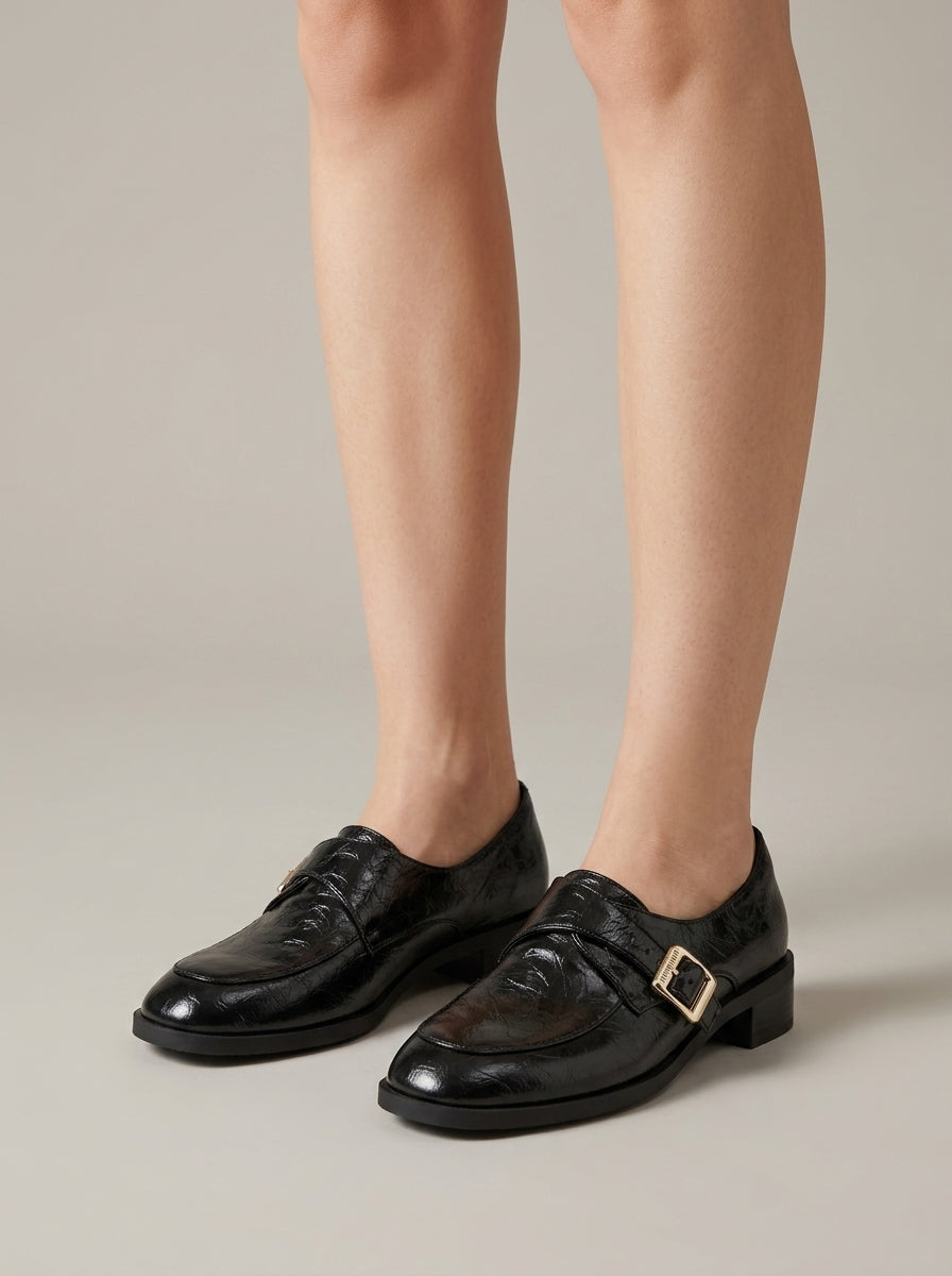 Women's Loafers - Low Block Heel - Buckle Strap - Glossy Finish