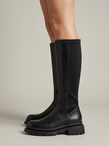 Women's Leather Knee High Boots - Chunky Lug Sole