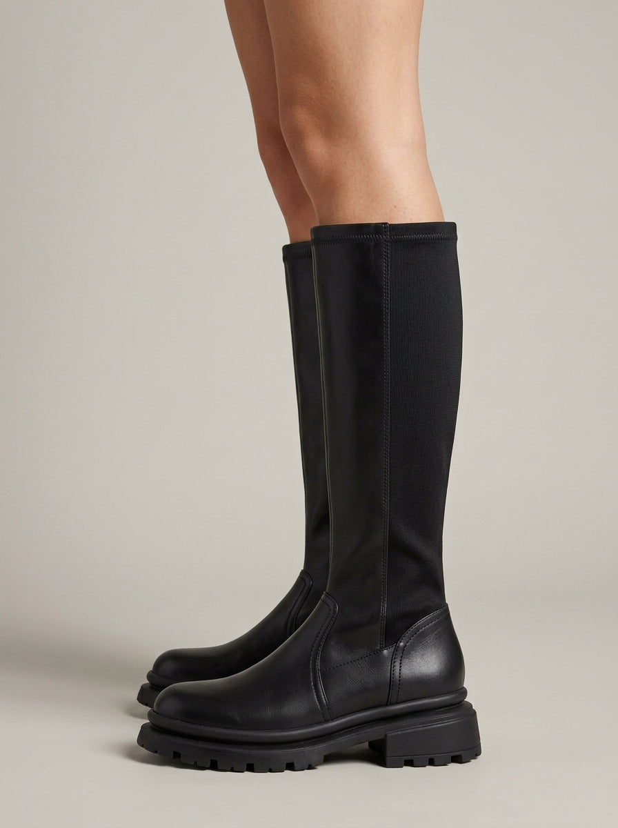 Women's Leather Knee High Boots - Chunky Lug Sole