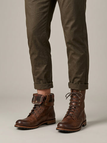 Men's Boots Mid-Calf Lace-Up Round Toe Leather Combat Style