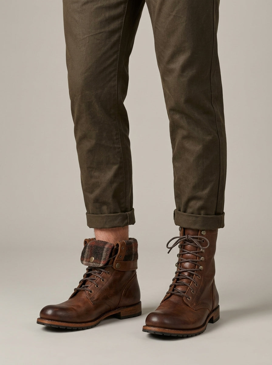 Men's Boots Mid-Calf Lace-Up Round Toe Leather Combat Style