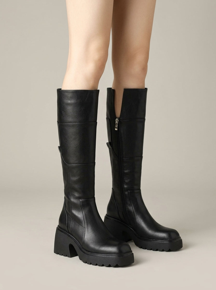 Women's Knee High Boots - Block Heel - Platform - Side Zip