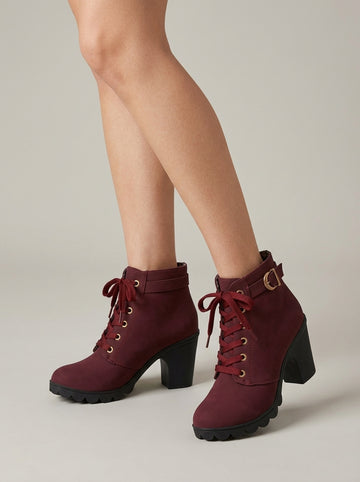 Women's Ankle Boots - Block Heel - Lace-Up - Side Zip - Buckle