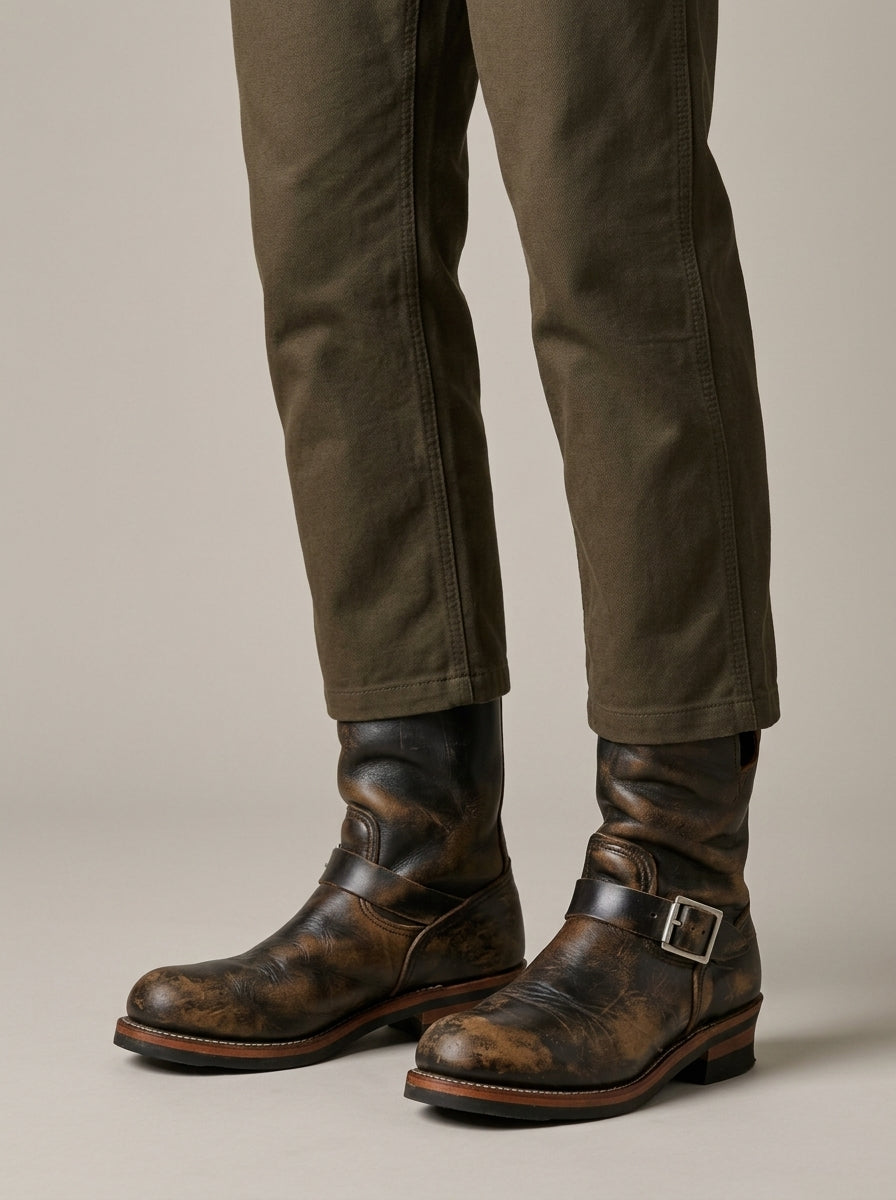 Men's Boots Leather Mid-Calf Double Buckle Round Toe Low Heel