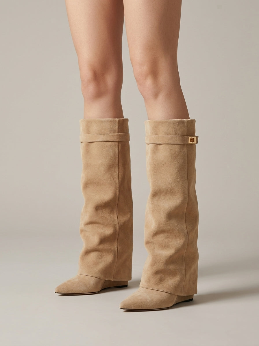 Women's Knee High Boots - Pointed Toe - Block Heel - Gold Buckle