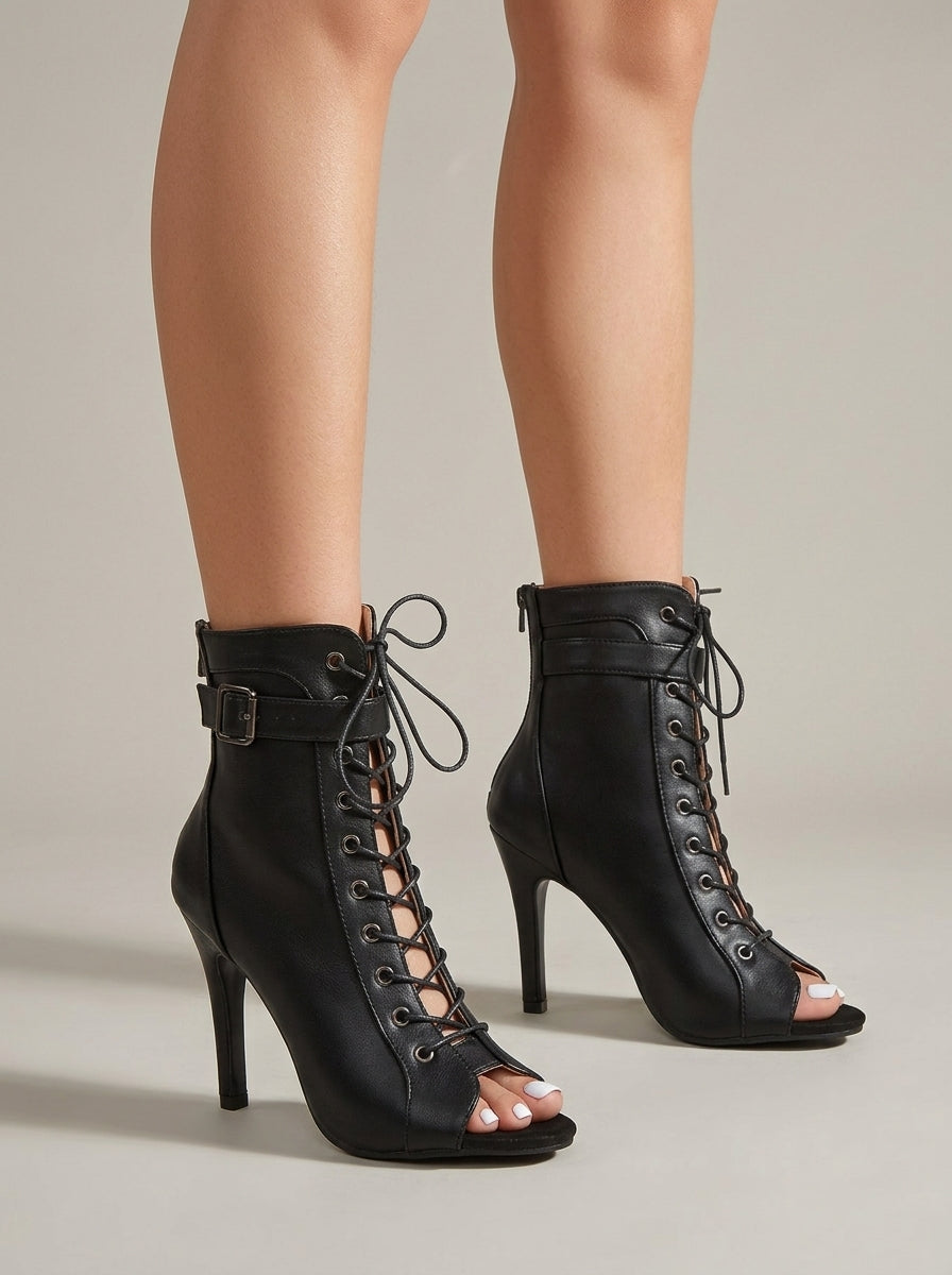 Women's Ankle Boots Open Toe Lace-Up Stiletto Heel Buckle Strap