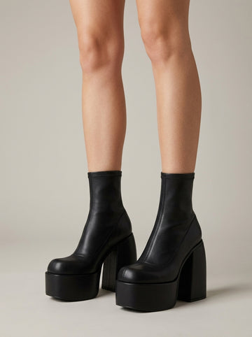 Women's Platform Boots - Ankle - Chunky Block Heel - Sock Fit - Side Zip