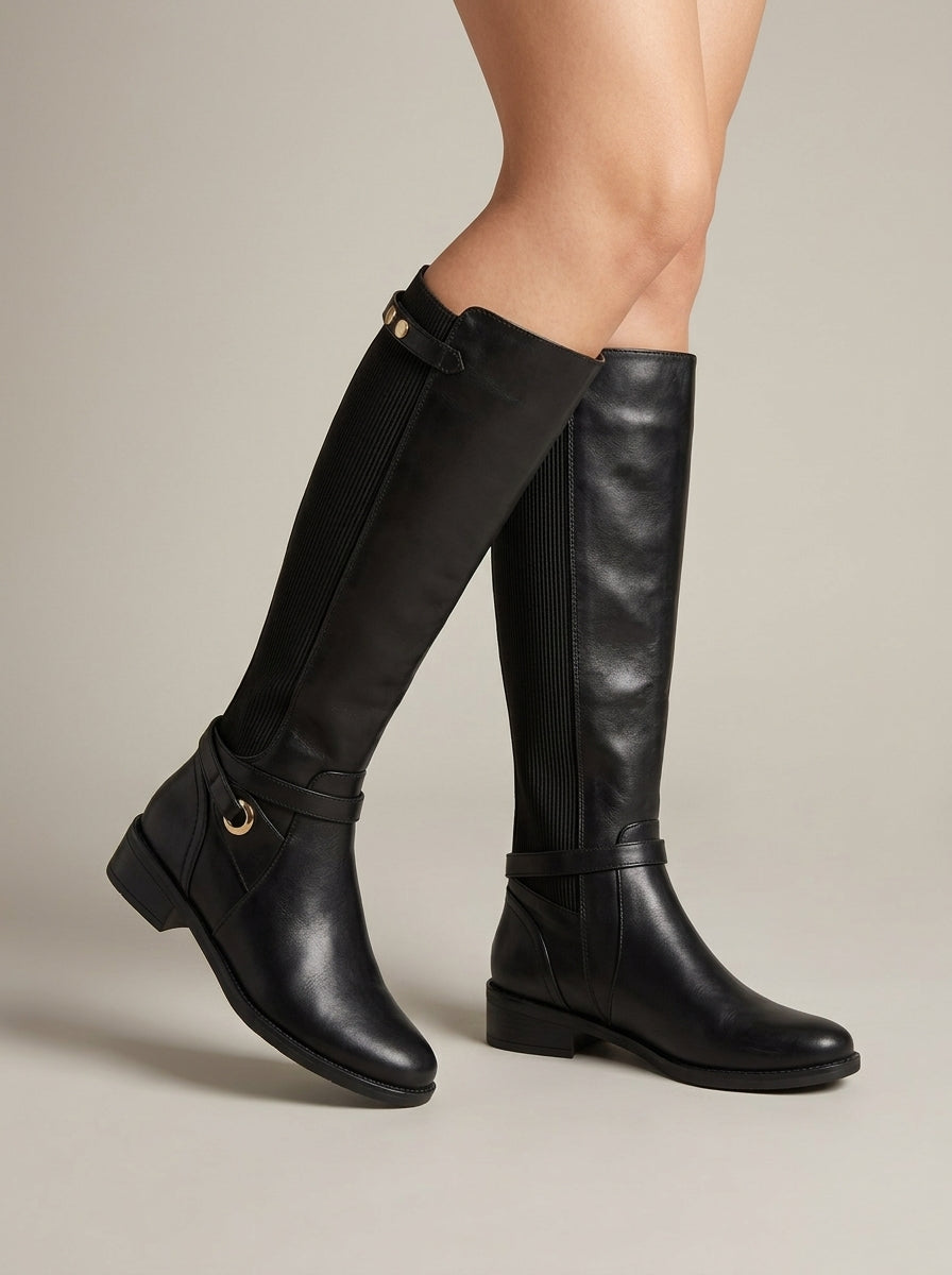 Women's Knee High Boots - Low Block Heel - Side Zip - Ribbed Panel