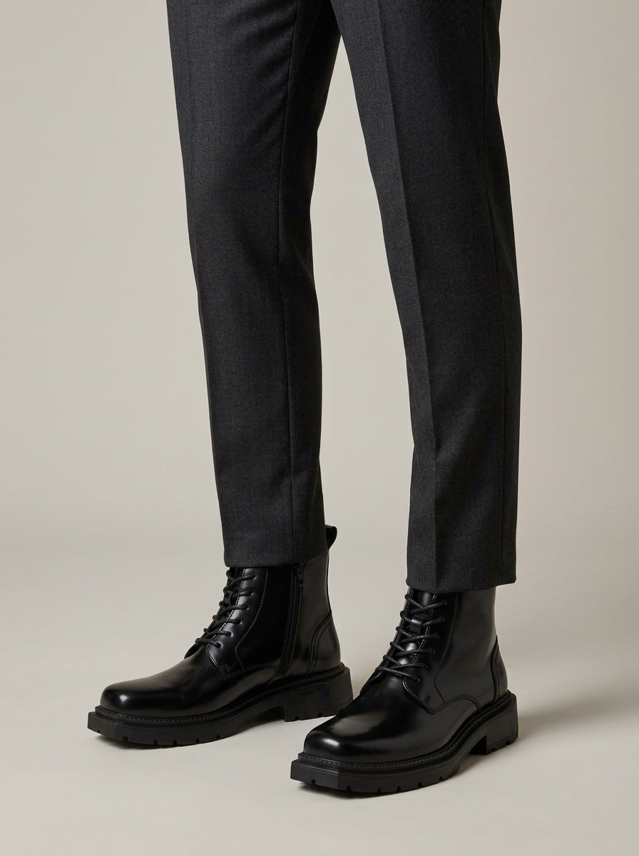 Men's Ankle Boots Lace-Up Glossy Patent Leather Platform Sole