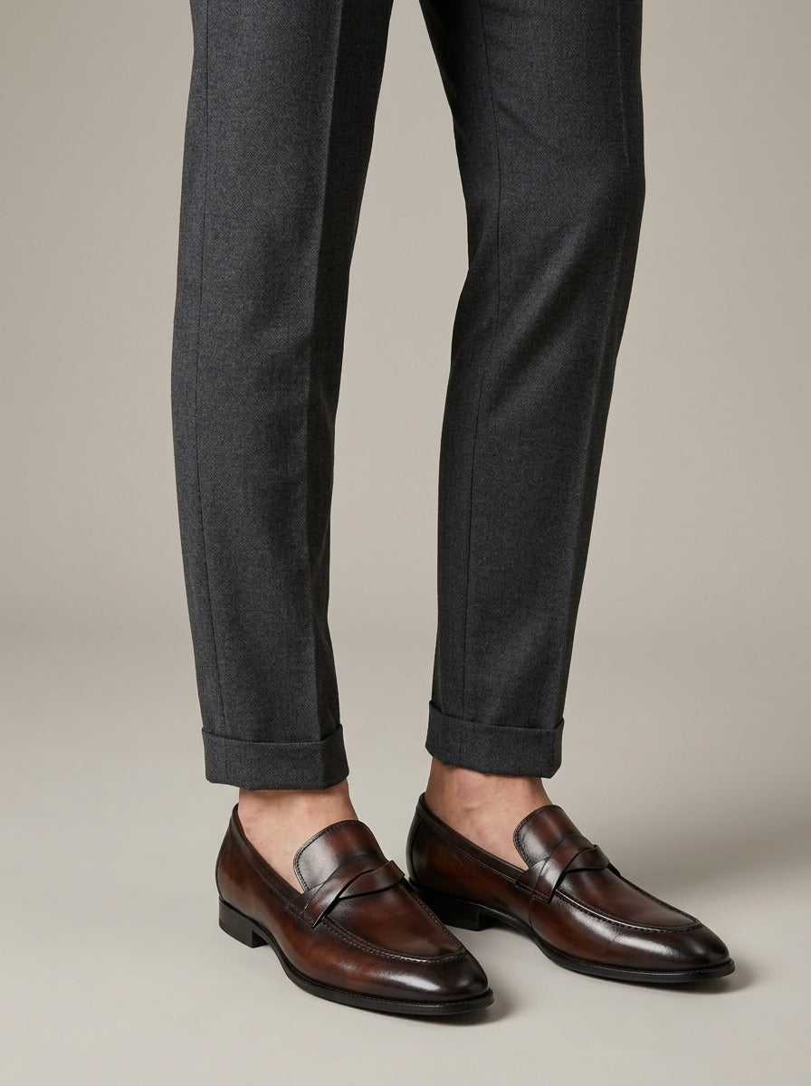 Men's Penny Loafers - Round Toe - Slip-On - Low Heel - Leather
