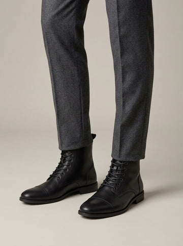 Men's Ankle Boots Lace-Up Cap-Toe Leather Low Block Heel
