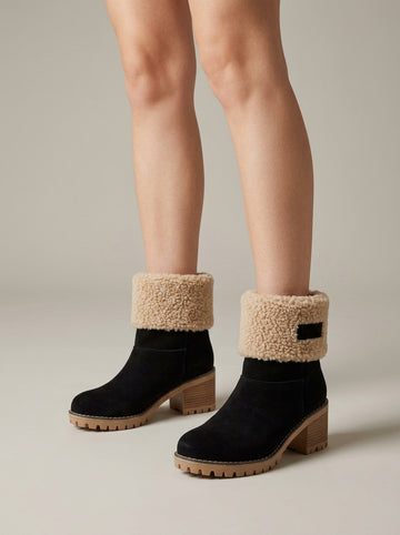 Women's Ankle Boots Faux Fur Trim - Block Heel Lug Sole Side Zip