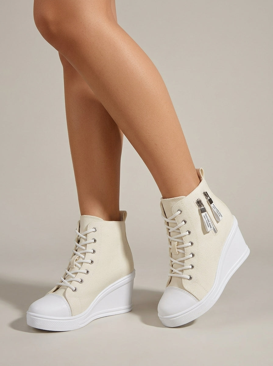 Women's Heeled Canvas Wedge Sneakers - Cap Toe Lace-Up