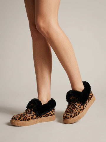 Women's Fur-Trim Platform Moccasins - Round Toe Bow