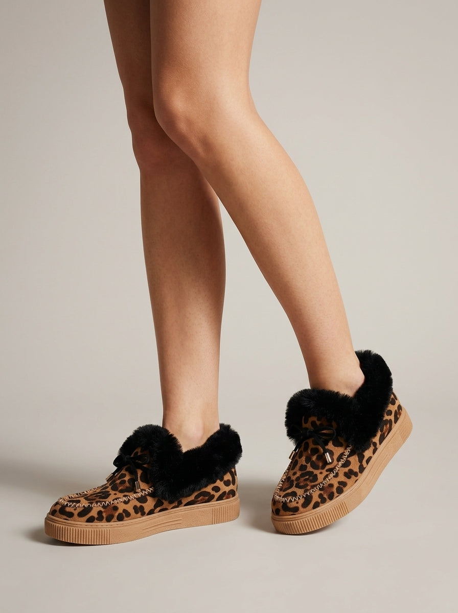 Women's Fur-Trim Platform Moccasins - Round Toe Bow
