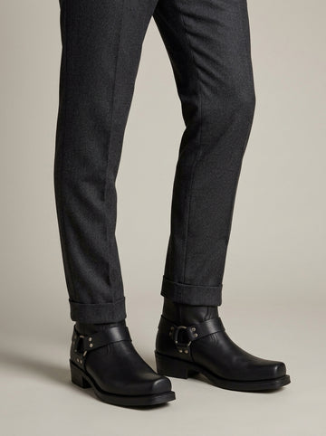 Men's Leather Harness Boots - Square Toe Buckle Strap