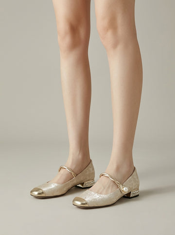 Women's Mary Jane Heels - Square Toe - Metallic Cap - Low Block