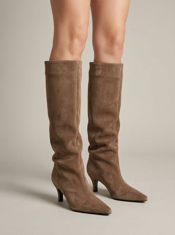 Women's Knee High Boots Pointed Toe Kitten Heel Leather