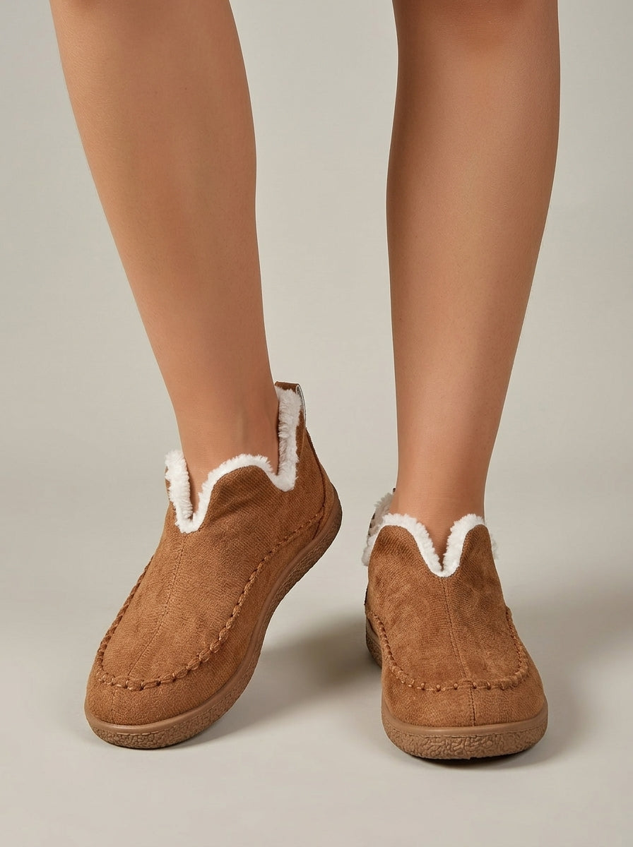 Women's Suede Shearling-Lined Slippers - Round Toe