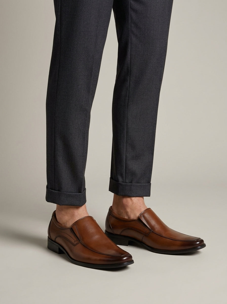 Men's Loafers Square Toe Slip-On Leather Low Block Heel