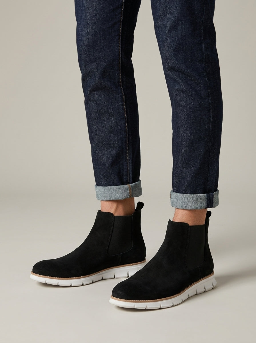 Men's Chelsea Boots Suede Ankle Round Toe Chunky Sole Pull Tab