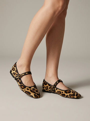 Women's Mary Jane Flats - Leopard Print - Buckle Ankle Strap