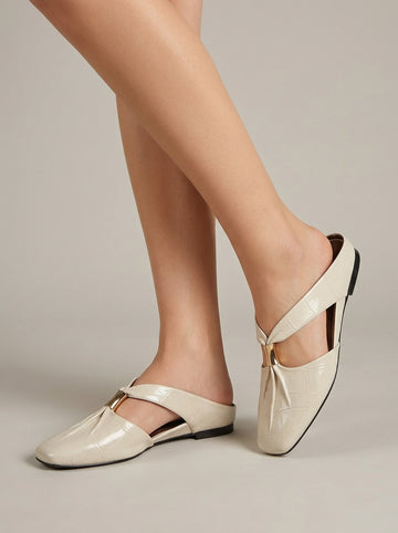 Women's Flats Square Toe Slip-On Mules Metal Bar Detail