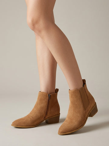 Women's Ankle Boots Suede-Effect Side-Zip Low Block Heel
