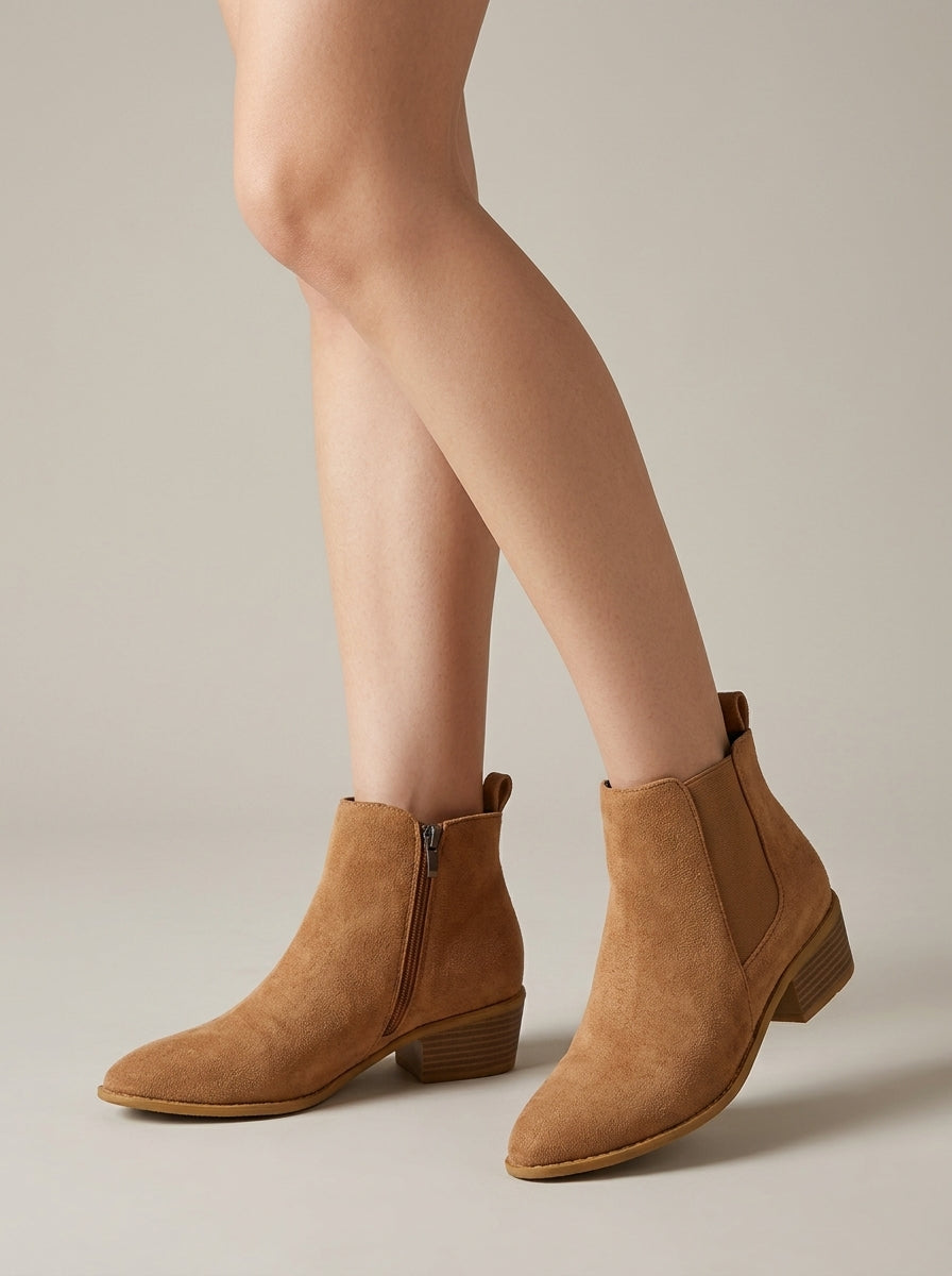 Women's Ankle Boots Suede-Effect Side-Zip Low Block Heel