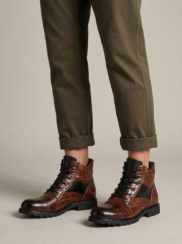 Men's Ankle Boots Lace-Up Croc-Embossed Panel Lugged Sole