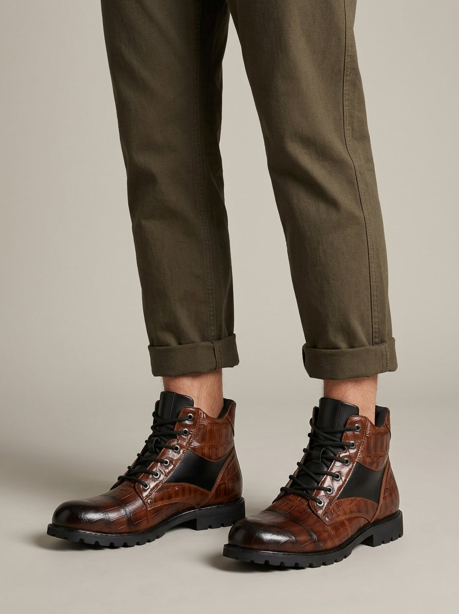Men's Ankle Boots Lace-Up Croc-Embossed Panel Lugged Sole
