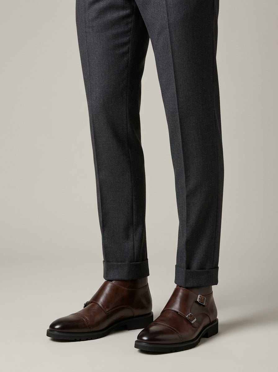 Men's Ankle Boots - Leather Double Monk Strap Cap Toe