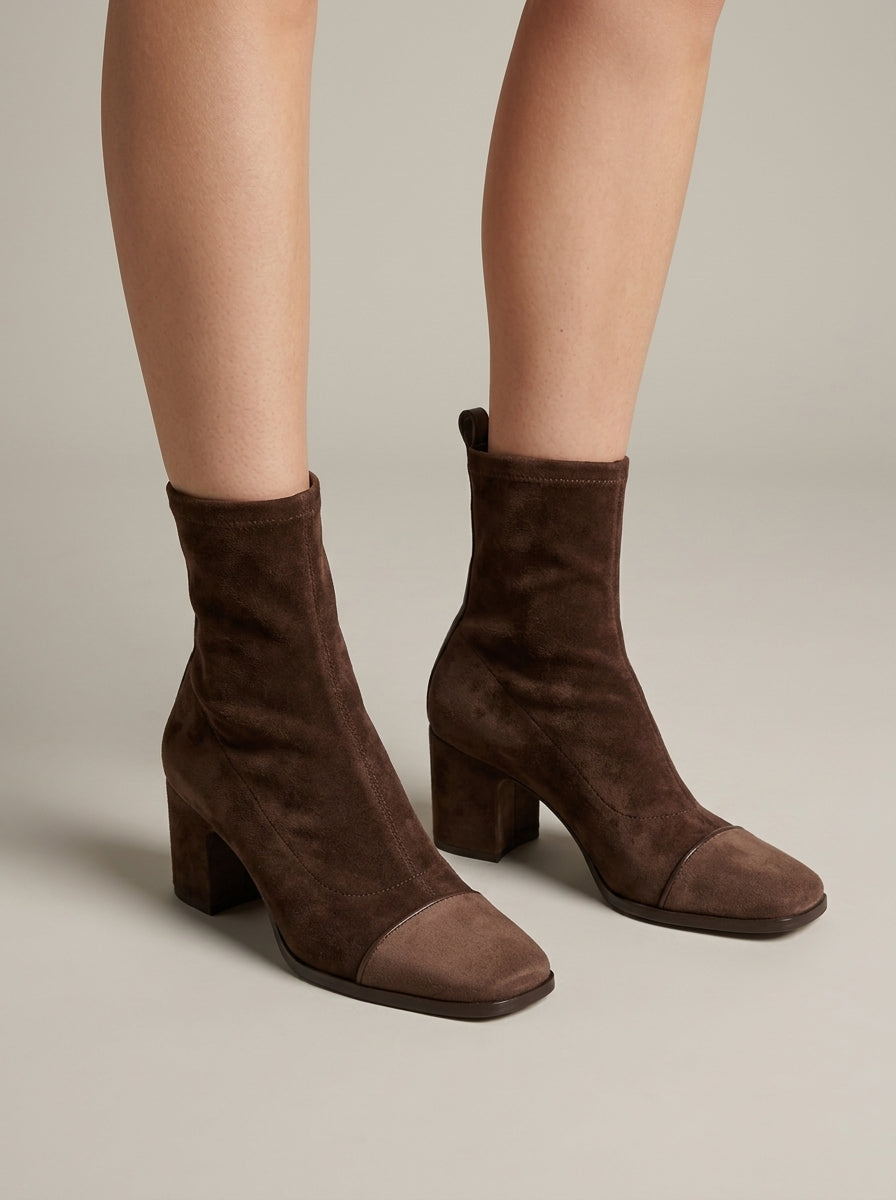 Women's Ankle Boots - Square Toe - Block Heel - Suede-Effect