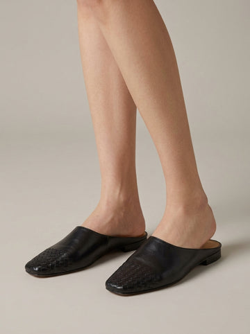 Women's Woven Leather Mules - Square Toe Block Heel