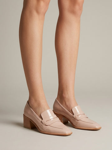 Women's Penny Loafers Slip-On Block Heel Patent Square Toe