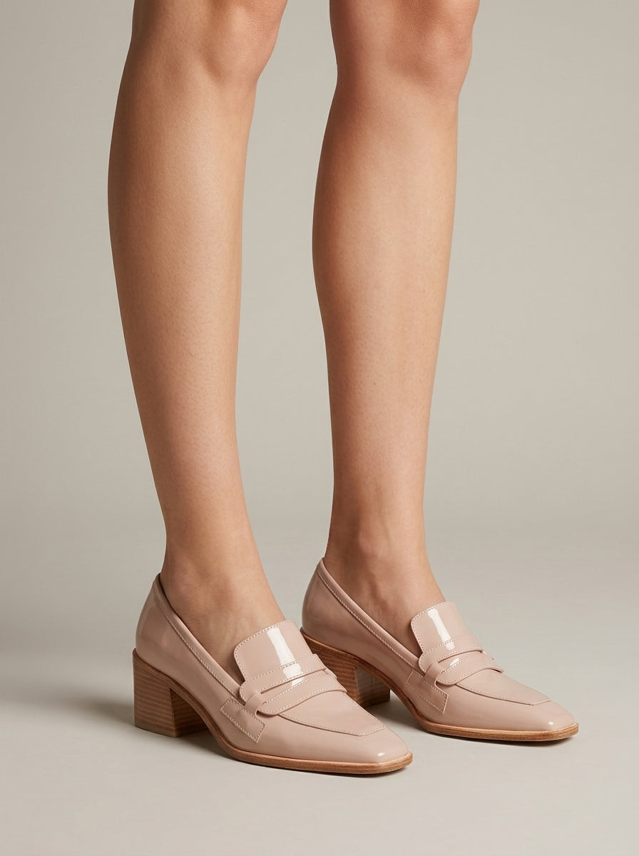 Women's Penny Loafers Slip-On Block Heel Patent Square Toe
