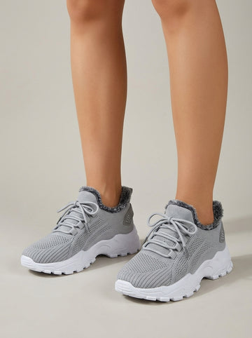 Women's Sneakers Mesh Knit Faux Fur Lined Platform Lace-Up