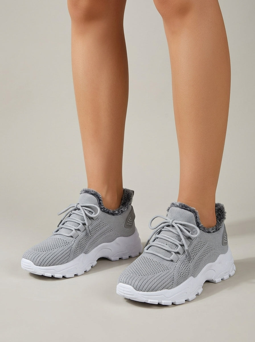 Women's Sneakers Mesh Knit Faux Fur Lined Platform Lace-Up