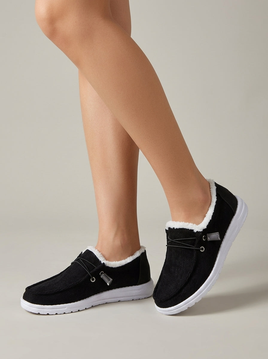 Women's Flats - Faux Fur Lined - Lace-Up Moccasin - Canvas Upper