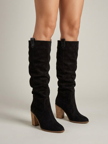 Women's Suede Knee High Boots - Pointed Toe Block Heel