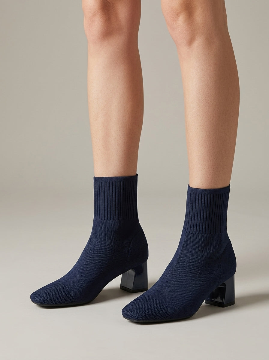 Women's Ankle Knitted Boots - Block Heel - Square Toe