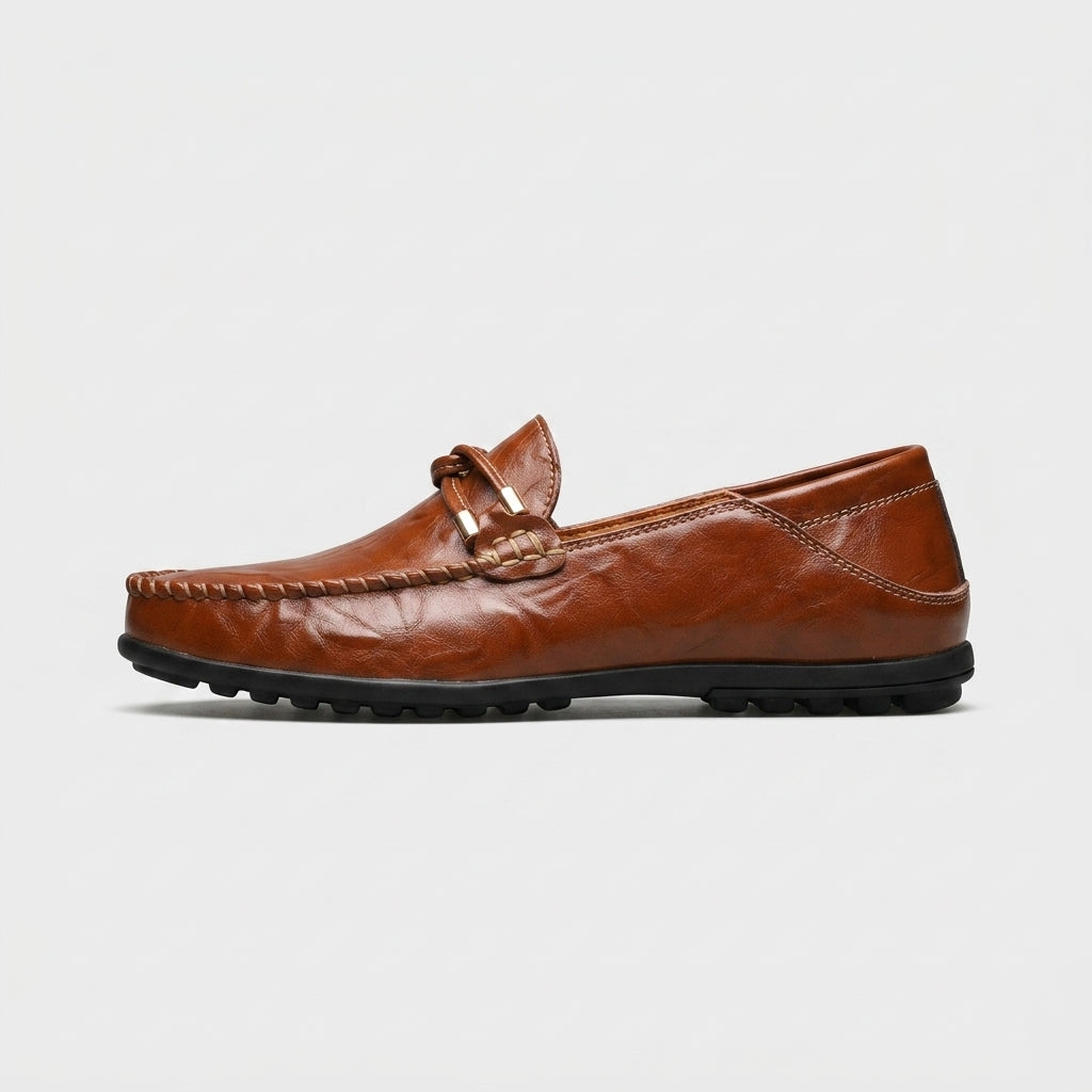 Men's Leather Driving Loafers with Ring Buckle Detail