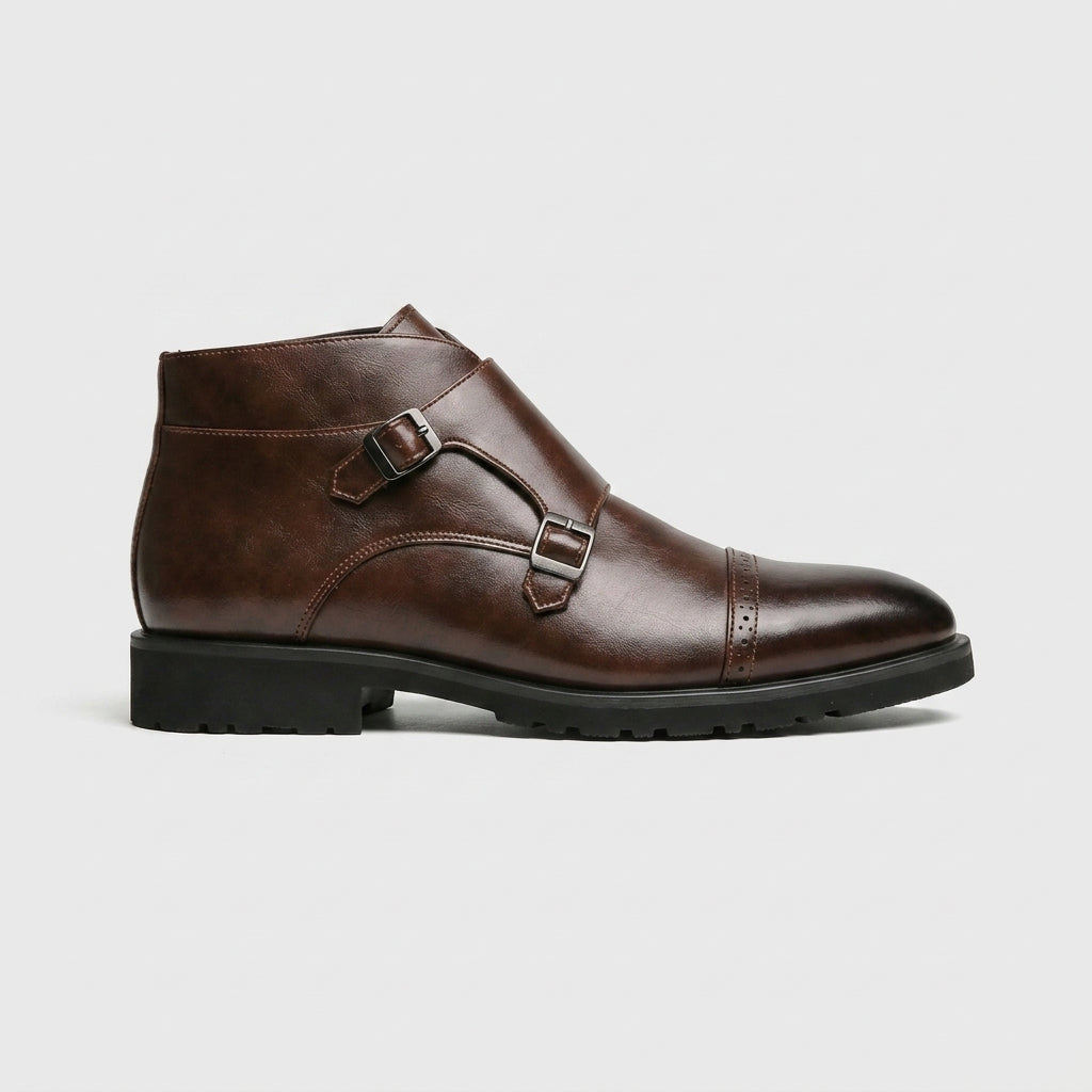 Men's Ankle Boots - Leather Double Monk Strap Cap Toe