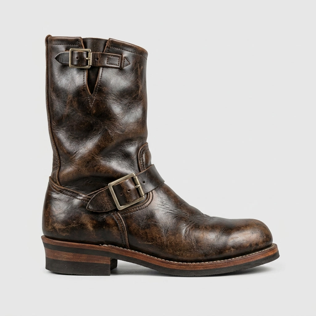 Men's Boots Leather Mid-Calf Double Buckle Round Toe Low Heel
