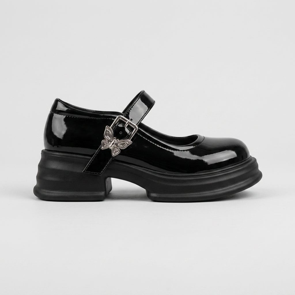 Women's Mary Jane Heels T-Bar Round Toe Platform Butterfly Buckle