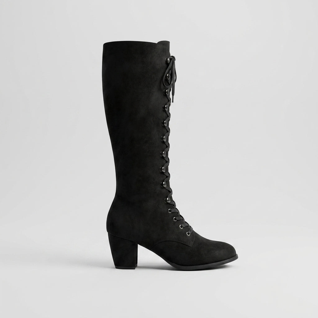 Women's Suede Lace-Up Knee High Boots - Block Heel