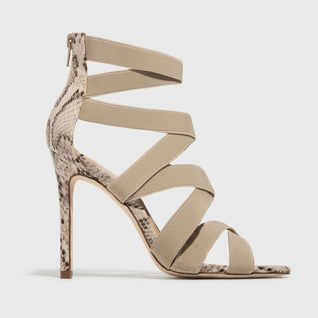 Women's Stilettos Open-Toe Crisscross Elastic Strap Snake Print